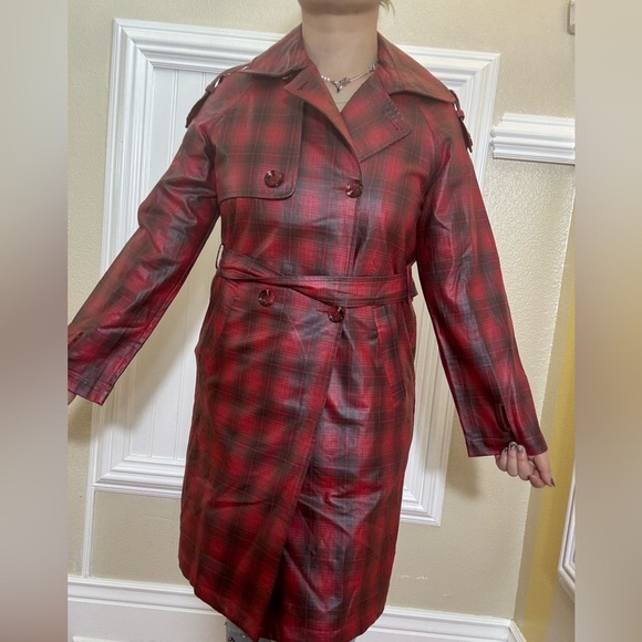 Anthropologie Red Plaid Trench Coat - Picture 6 of 9